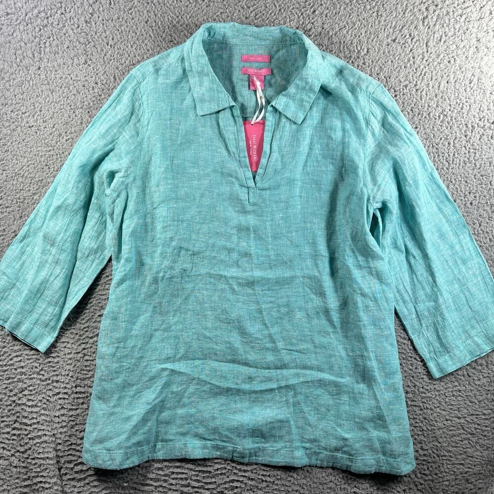 Isaac Mizrahi New York 100% Linen Tunic Top XL Turquoise Aqua Side Tie Coastal